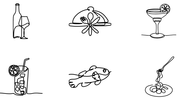 illustration of wine bottle, meal, cocktails, fish and pasta representing dining at Dewars restaurant