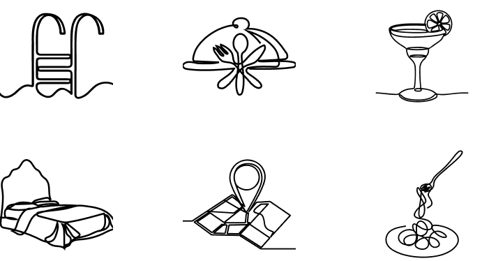 illustration of hotel facilities: pool, restaurant, cocktail, bed, map